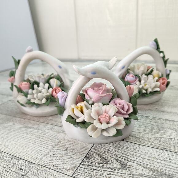 Set of 3 Ceramic Swan Figurines • Floral Table Decor • Bridal Shower Accent (F8) - Picture 1 of 12